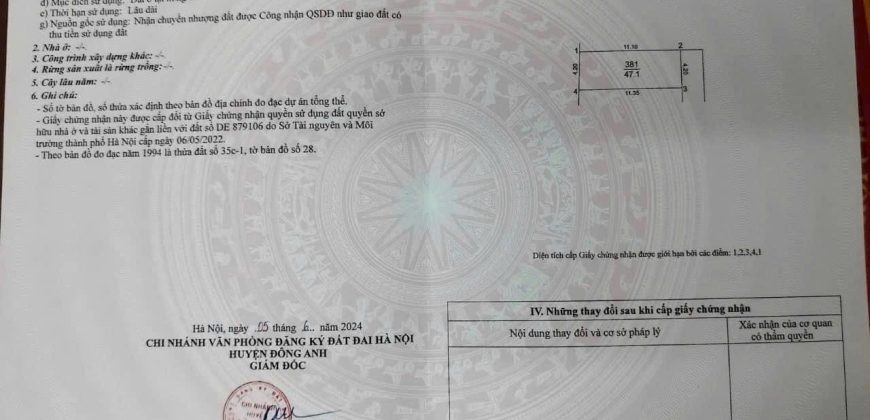 Chính chủ cần bán 47m thôn Hội Phụ , xã Đông Hội bìa Vinhome Cổ Loa .