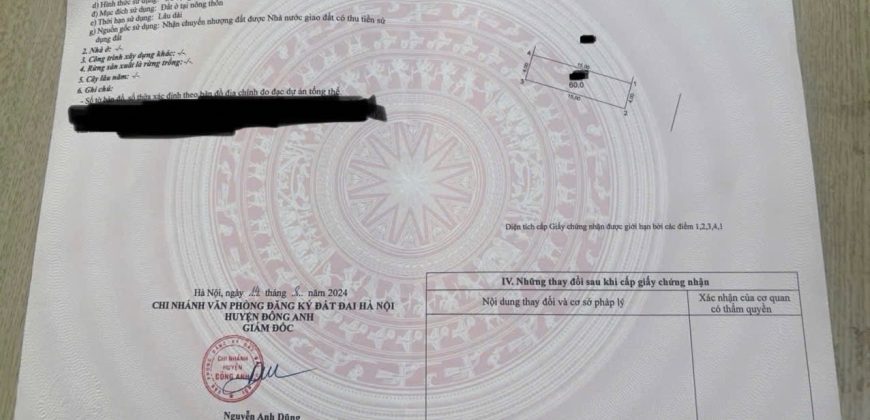 Chuyển nhượng 60m đất thổ cư Tàm Xá, Đông Anh sát Vinhomes Tàm Xá.