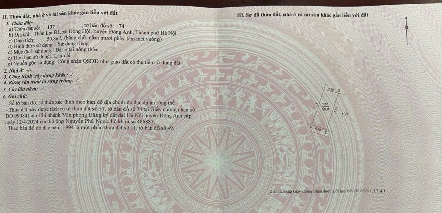 Chuyển nhượng 50.8m thổ cư làng văn hoá Lại Đà, Đông Hội, Đông Anh chân cầu Tứ Liên tương lai