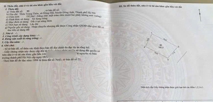 Bán 192m2 mặt tiền 11,15m tại Thôn Trung thôn, Xã Đông hội ( Trục bìa kinh doanh)