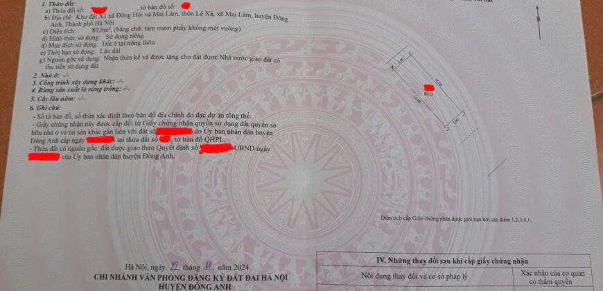 Siêu phẩm mặt đường 40m tại X1 Đông hội – Mai Lâm: dt 80m2 MT 5m hai mặt thoáng, vỉa hè rộng 7m thênh thang