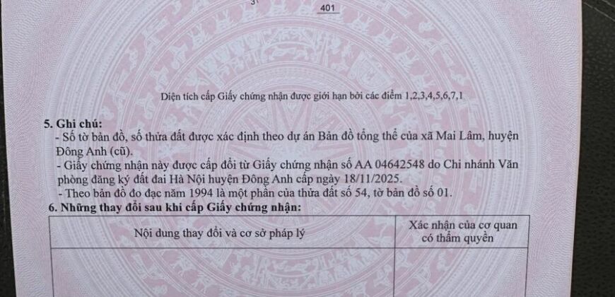 Chuyển nhượng 183.8m đất thổ Mai Lâm , Đông Anh ( nay thuộc xã Đông Anh – Hà Nội )
