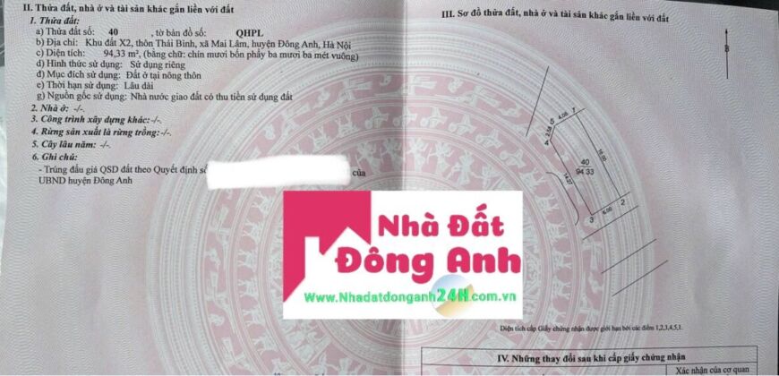 Chuyển nhượng Lô Góc đấu giá X2 Thái Bình,Mai Lâm,Đông Anh.